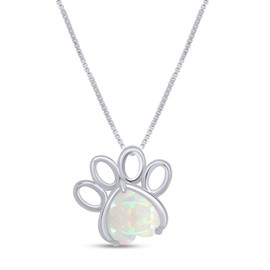 7MM Heart Cut White Created Opal Paw Print Pendant Necklace In 14K White Gold Plated 925 Sterling Silver Along With 18"+2" Adjustable Chain