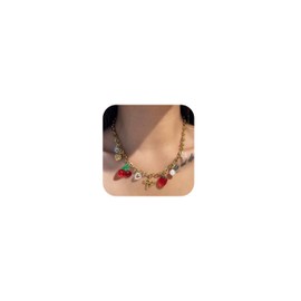 Gold Charm Necklace for Women Red Heart Cherry Strawberry Pearl Bow Charms Strawberry Shortcake Trendy Western Cowgirl Jewelry