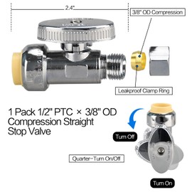 5pcs Stop Valves, 1/2" × 3/8" Straight Stop Valve, 1/2" PTC Input, 3/8" OD Compression Output, Push to Connect, 1/4 Turn, Chrome Plated Brass for Faucet, Toilet Valves, No Lead