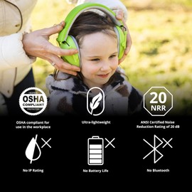 ISOtunes JUNIOR DEFENDER Kids Earmuff Ear Protection for Concerts, Fireworks, and Sporting Events with ANSI-Certified 20 dB of Noise Reduction and Adjustable Fit for Ages 5-12 (Kids Green)