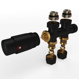 Design Multiblock for Radiators - Centre Connection Set in Black with 50 mm Hub Spacing - Tap Block, Thermostatic Valve, Connection Fitting for Plastic and Copper Pipes