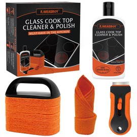 AWEASROY Glass Stove Top Cleaner Kit 12 oz, Cooktop Cleaner and Polish Non-Abrasive No Scratch Removes Tough Stains, with Scrubbing Pad, Handle, Scraper, Cloth