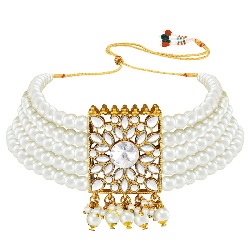 Aheli Kundan Pearl Choker Multi Layered Collar Pendientes con Maang