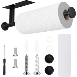 Soporte de pared para toallas de papel, autoadhesivo, sin taladrar ni taladrar, acero inoxidable SUS304, cocina, baño, fregadero, despensa, refrigerador (negro)