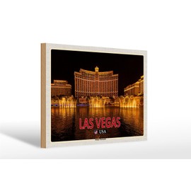 FEMER Wooden Sign Travel 30 x 20 cm Las Vegas USA Bellagio Water Features Sign Wooden Sign