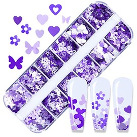 Nail Art Glitter Sequins, Purple and White 3D Glitter Nail Flakes Designs, Love Heart Flowers Butterflies Acrylic Nails Supplies Set for Women Girls Manicure Charms Decorations, False Nails Art Kit