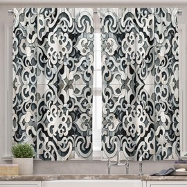 Ambesonne Vintage Valance & Tier Curtain 3 pcs Set, Swirly Design Renaissance Style Lattice of Grunge Motives Greyscale, Window Treatments for Kitchen Room Decor, 55" x 24", Dark Blue Grey and Dimgray