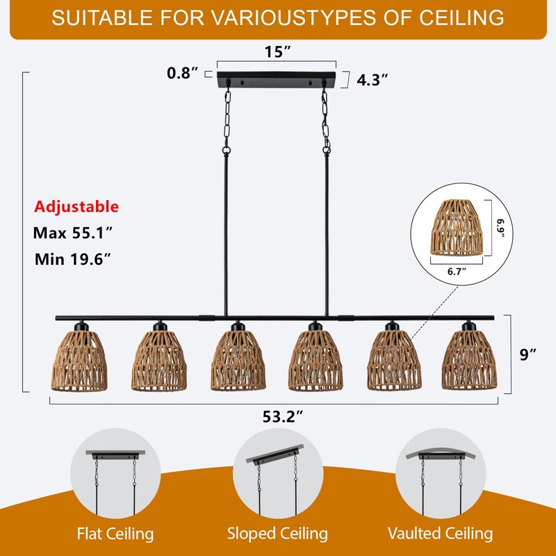 SHIGUANG Boho Rattan Chandelier for Dining Room Light Fixture, 6-Light