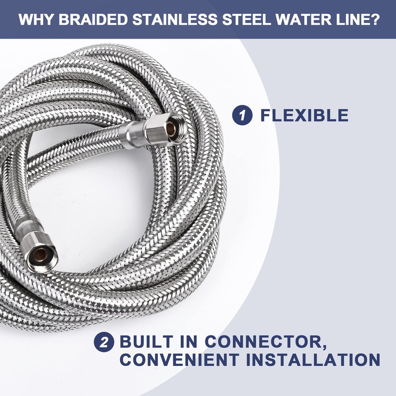 Premium Braided Stainless Steel Ice Maker Water Supply Hose W/PEX