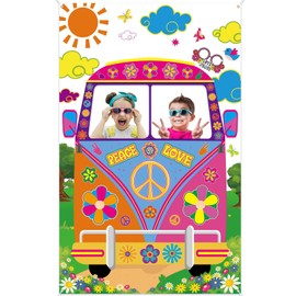 Hippie Bus Photo Prop 60s Party Decorations, 63” x 39.4” Hippie Bus Banner Groovy Frame Backdrop Hippie Selfie Frame Backdrop Background Banner for Birthday 60s 70s Party Favors Supplies