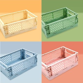 Tianlong 4pcs Mini Foldable Desk Crates Storage Box, Plastic Stackable Table Basket Organizer, Mini Storage Baskets, for Office Kitchen Bathroom(5.9 x 3.8 x 2.2 inch)