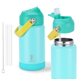 Kids Insulated Water Bottle with Straw Lid & Silicone Handle,12oz Kids Leak Proof Water Bottle for School Boys Girls,Double Wall Vacuum Stainless Steel with Non-slip Silicone Base(Lake Blue)