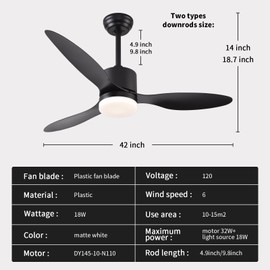 AHAWILL Ceiling Fans with Lights,42inch Black Ceiling Fan with Light and Remote Control,6 Speed,Reversible,Noiseless,3 Blades Ceiling Fans for Bedroom,Patio,Living Room,Indoor