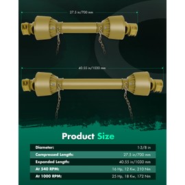 SCITOO Yellow 27.5"-40.55" PTO Shaft, 1-3/8" PTO Drive Shaft 6 Splines Both Ends PTO Driveline Shaft, Series 1 PTO Shaft with Slip Clutch Fit for Bush Hog, Finish Mower, Tractor