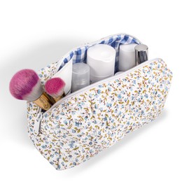 Peonies Cosmetic Bag, Quilted Makeup Bag, Cotton Make-Up Bag, Floral and Chequered, Handmade Make Up Bag, 25 x 11 x 10 cm, blue, Floral Cosmetic Bag