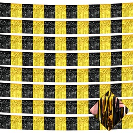 10 Pack 10 Feet Foil Fringe Garland Metallic Tinsel Streamers Banner Wall Hanging Backdrop for Parade Floats, Bachelorette, Wedding, Birthday, Graduation, Carnival Party Decorations(New Black Gold)