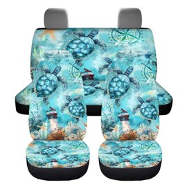 ZIATUBLES Retro Blue Sea Turtle Print Auto Seat Covers Full Set 4 Pcs Car Interior Decor Front & Rear Seat Covers Soft Breathable Seat Protector Universal Fit Sedan SUVs