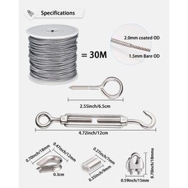 JIZZU Pack of 37 Wire Rope 2 mm Stainless Steel Wire Rope Tension Wire, 30 m Steel Cable Coated with Eyelets Rope Tension Set for String Light Suspension, Washing Line, Curtain Rope, Climbing Plants