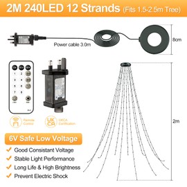 PBGMRT Christmas Tree Lights Warm White - 2M/6.6FT x 12 Strands 240LEDs Mains Powered Fairy Lights Waterproof with Remote & 8 Modes Memory Timer for Outside Indoor Xmas Party Decorations