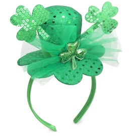 Needzo Little Top Hat St. Patrick's Sequin Headband, Green Hair Accessory With Clovers and Tulle for Holidays and Themed Parties, One Size Fits Most (Top Hat with Clovers and Tulle)