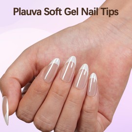 Plauva French Tip Press on Nails, 150Pcs Medium Almond Press on Nails, Chrome Nail Tips Glue On Nails, Soft Gel Fake Nails Reusable Stick On Nails for Women 15 Sizes