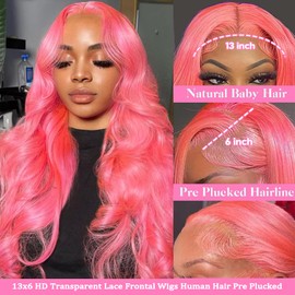 ELFSECRET 28 Inch Pink Lace Front Wig Human Hair Body Wave 13x6 HD Trsansparent Lace Front Wig Human Hair Pre Plucked 180% Density Wear and Go Colored Hot Pink Glueless Wig for Women