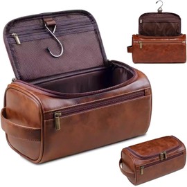 Neceser Hombre Portátil de PU Piel,Cosmetiquera de Viaje Grande Impermeable con Gancho y Asa,Bolsa Aseo de Baño Multifuncional,Regalo Perfecto para Bodas,Cumpleaños y para Maridos y Padres-Rojo Marrón