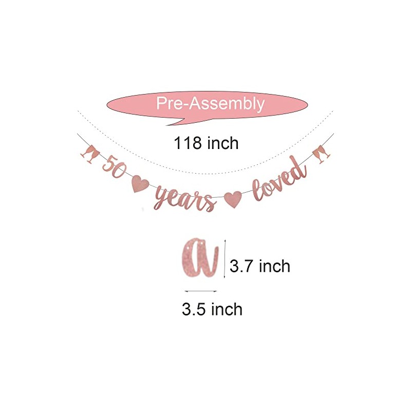 WEIANDBO 50 Years Loved Rose Gold Glitter Banner,Pre-Strung,50th Birthday