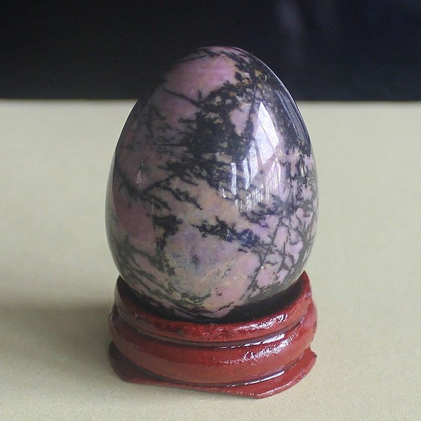 40x30mm Mixed Gemstone Crystal Rose Quartz Egg with Wood Stand Home Decor Chakra Stone Reiki Healing (Rhodonite)