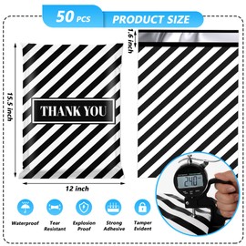 Jowlroel Thank You Poly Mailer 12x15.5 Inch 50 Pcs, Waterproof and Tear-Resistant Shipping Bags for Clothing, Black and White Striped Printed Packaging Bags for Small Business