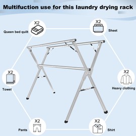 Sarahipe Sillars Clothes Drying Rack, 63 inches Laundry Drying Rack Clothing Foldable & Collapsible Stainless Steel Heavy Duty Clothing Drying Rack with Windproof Hooks for Indoor Outdoor