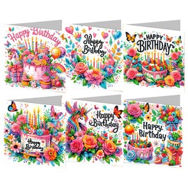 ACSAUMMY Diamond Art Happy Birthday Cards, 6 Pack 5D Diamond Greeting Cards Kits for Adults DIY Diamond Art Birthday Cards with Envelopes Birthday Gifts for Families, Friends, Partners