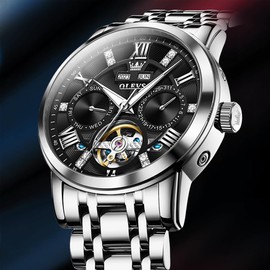 OLEVS Men's Mechanical Automatic & Hand Winding Perpetual Calendar Skeleton Metal Band Retro Stylish Men's Watch Luminous Waterproof Watch for Men, Black, Bracelet Type