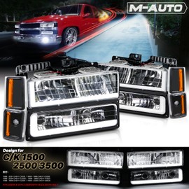 M-AUTO 8PCS LED DRL Headlights Assembly Compatible with 92-93 Chevy C /K1500 2500 Suburban Blazer Full Size, Factory Style Headlamps Black Housing Amber Corner for Passenger and Driver Side