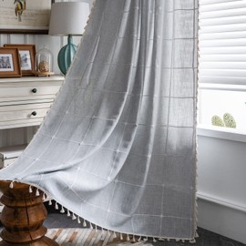 ColorBird Farmhouse Semi-Blackout Window Curtains 2 Panels Embroidery Lattice Cotton Linen Darkening Curtains with Tassel Rod Pocket Window Drapes for Dining Living Bedroom (52" W x 84" L, Grey)