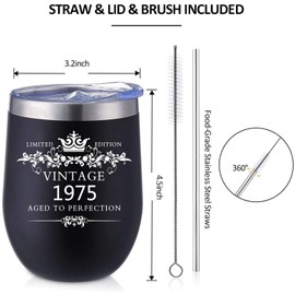 COFOZA 1975 50th Birthday Gifts for Man Woman 12 Ounce Stainless Steel Wine Tumbler Vacuum Insulated Cup 50 Years Birthday Anniversary Present with Sliding Lid Straw and Brush (Black)