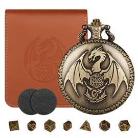 Mini DND Dice Set with Steampunk Wings Dragon Pocket Watch Case, 7-Piece Polyhedral Metal D&D Dice Set, DND Gifts with Leather Bag, RPG, MTG, Role Play Board Game Accessories Dice, Bronze