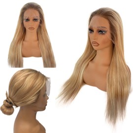 Long Straight 30 Inch Balayage Blonde Human Hair Wigs for Women 150% Density 13x4 HD Transparent Glueless Wigs Human Hair Ombre Golden Brown to Blonde Balayage Lace Front Wig Pre Plucked Hairline