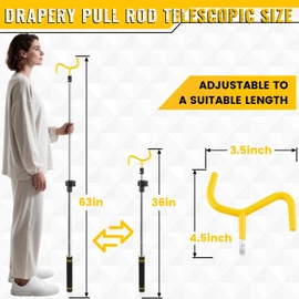 Drapery Pull Rod,36“ to 63” Curtain Pull Telescoping Pole Heavy Duty For Curtains Wand Stainless Steel Tubes Soft Sponge Handle Rod for Curtains Extension Pole Lightweight (Black Yellow)