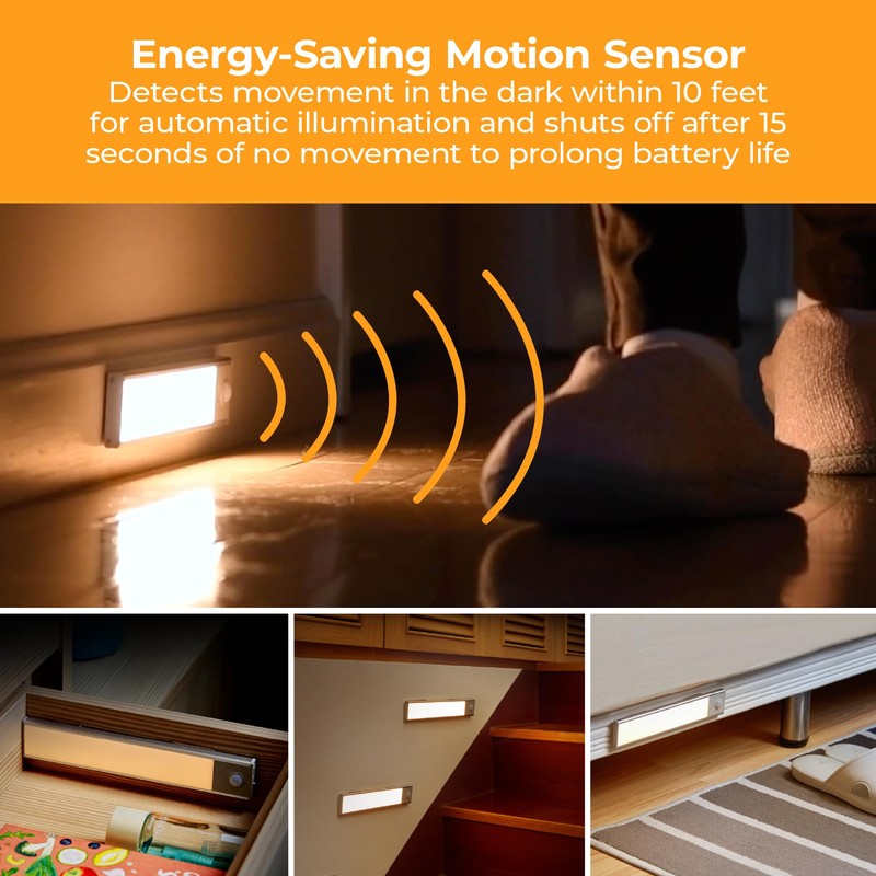 PureOptics LED Rechargeable Under Cabinet Lighting, Motion Sensor On/Off, Warm