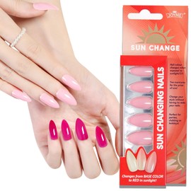 Somelese Thermochromic Color-Changing Press-On Nails - 24pcs Almond Shape Nude to Pink Temperature Reactive Fake Nails, Long Pointed Nail Extensions for Women - Naked Color French Style Nails