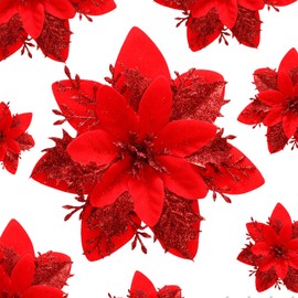 FLORRALIA Poinsettias Artificial Christmas Flowers Decorations - 12 Pcs Artificial Red Poinsettia Flowers for Christmas Tree,Fake Glitter Poinsettia 5.5" with Clips Stems for Home Outdoor Decor(Red)