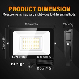 RIGIDON 50 W LED Outdoor Spotlight with Plug, 5000 LM LED Outdoor Spotlight 3000 K Warm White Floodlight IP66 Waterproof Outdoor Light for Garage, Garden, Sports Field, Patio, Yard