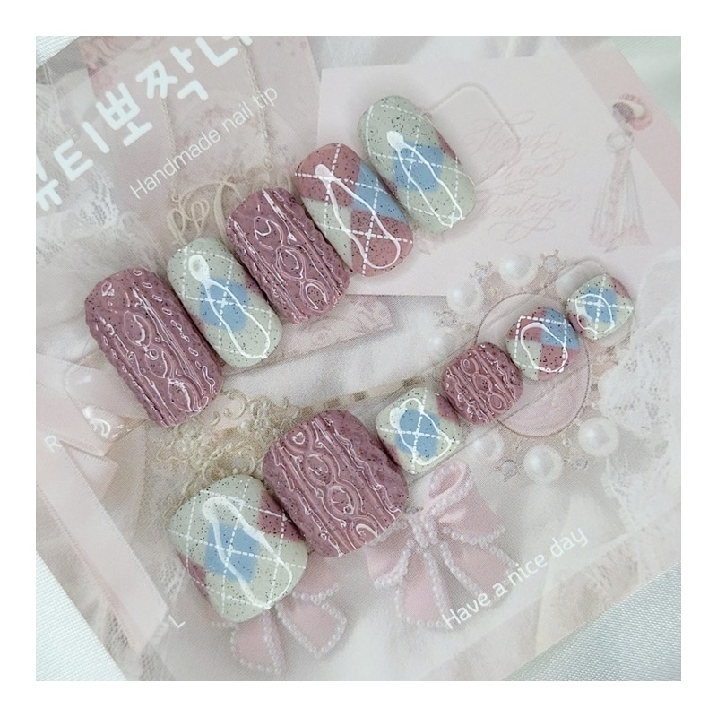 Argyle knit handmade nail tips, pedi tips - Coffin Egg