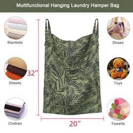 HSOFTIFY Linen Hanging Laundry Bag, 100% Linen Leaf Print Over The Door Laundry Hamper with Buttons and Zipper, Space Saving Door Hampers for Laundry Dirty Clothes Home Travel, Green, 19.7x27.5inches