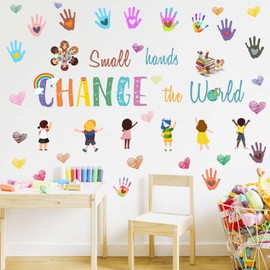HATARU Colorful Inspirational Saying Wall Decals,Motivational Quotes Wall Stickers,Small Hands Wall Decals Nursery Decor,Change The World Handprints Wall Decals for Kids Room Classroom Decor
