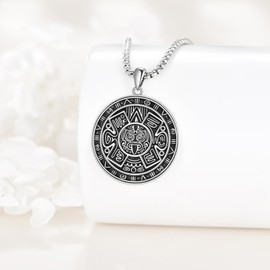 VENACOLY Aztec Calendar Necklace 925 Sterling Silver Round Aztec Maya Calendar Pendant Round Aztec Jewellery with 22 + 2 Inch Stainless Steel Chain, Gifts for Men Women Father, Sterling Silver, No