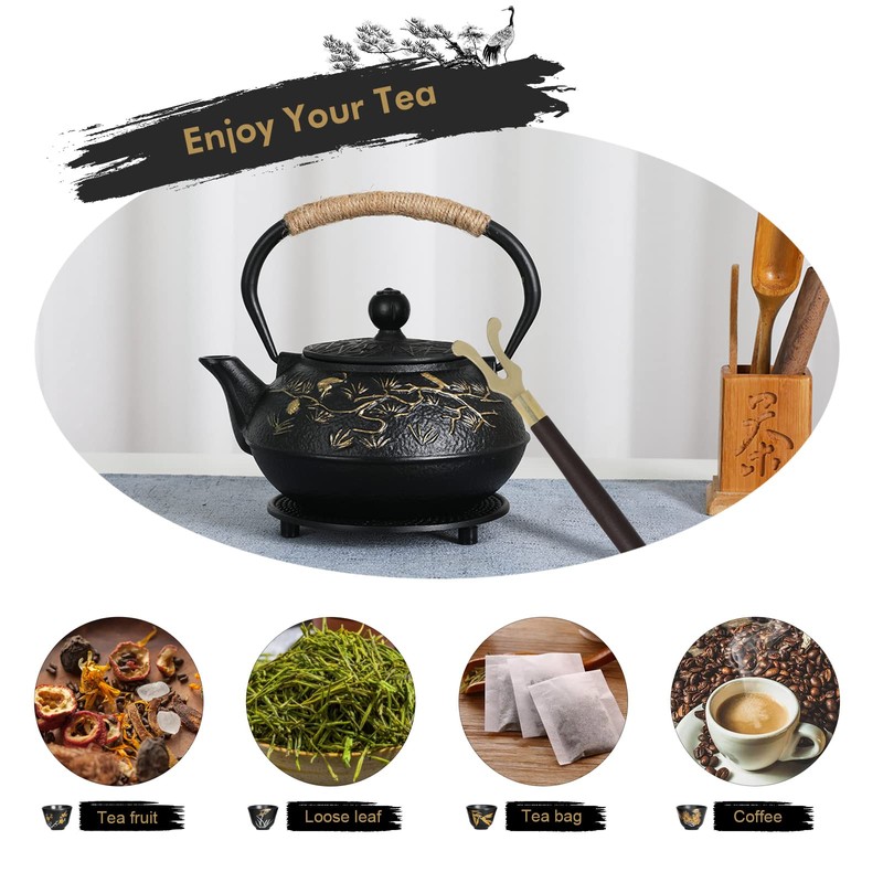 RekRang Longevity Crane Cast Iron Teapot, Japanese Style Tetsubin Tea