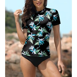 BesserBay Women's Short-Sleeved Rash Guard with Beautiful Patterns, UV Shirt Tankini, UPF 50+, S-XXL, A2, xxl