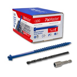 FixMaster 3/16 x 4" Hex Head Blue Concrete Screw Anchors (100 pcs Screw Kit) with one Screwdriver and Drill Bit for Concrete, Masonry, Block, Brick and Wood Fastening